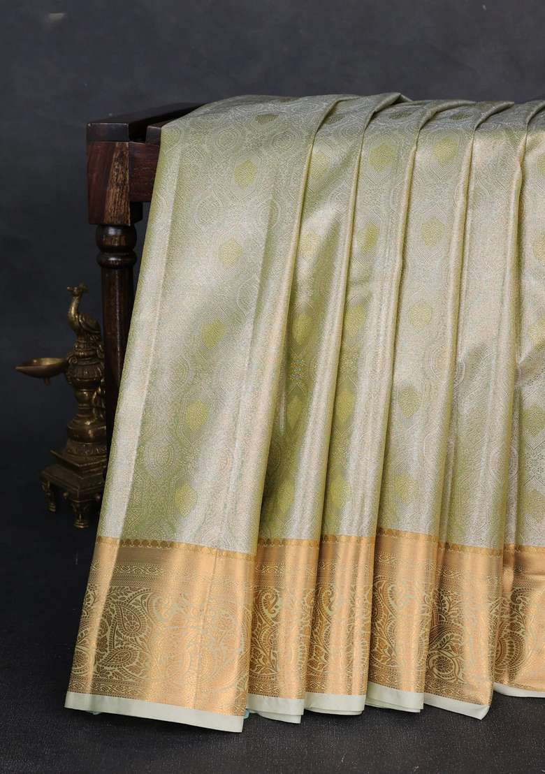 Bangalori Tissue Silk Saree Pista Green With Allover Zari Woven Brocade Weaves And Zari Woven Border With Buttas And Brocade Design For Women - Indya