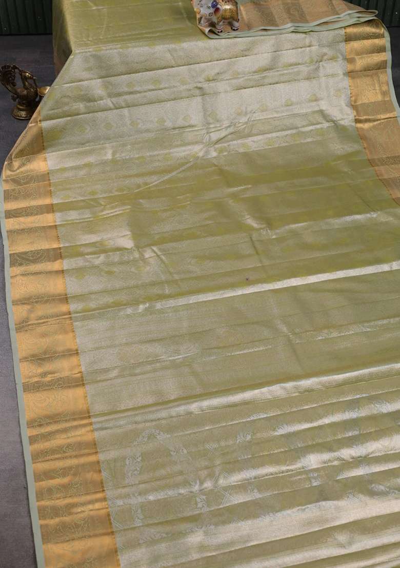 Bangalori Tissue Silk Saree Pista Green With Allover Zari Woven Brocade Weaves And Zari Woven Border With Buttas And Brocade Design For Women - Indya