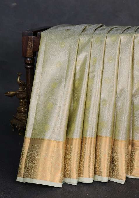 Bangalori Tissue Silk Saree Pista Green With Allover Zari Woven Brocade Weaves And Zari Woven Border With Buttas And Brocade Design For Women