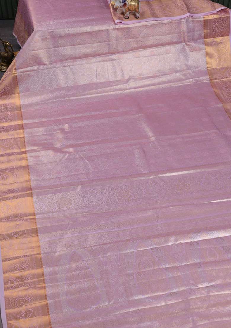 Bangalori Tissue Silk Saree Lotus Pink With Allover Zari Woven Brocade Weaves And Zari Woven Border With Buttas And Brocade Design For Women - Indya