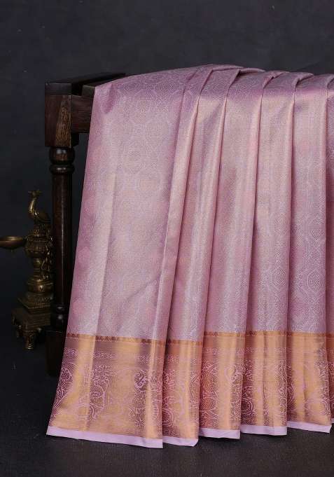Bangalori Tissue Silk Saree Lotus Pink With Allover Zari Woven Brocade Weaves And Zari Woven Border With Buttas And Brocade Design For Women
