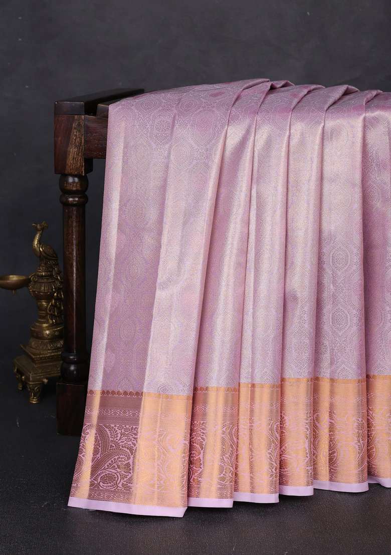 Bangalori Tissue Silk Saree Lotus Pink With Allover Zari Woven Brocade Weaves And Zari Woven Border With Buttas And Brocade Design For Women - Indya