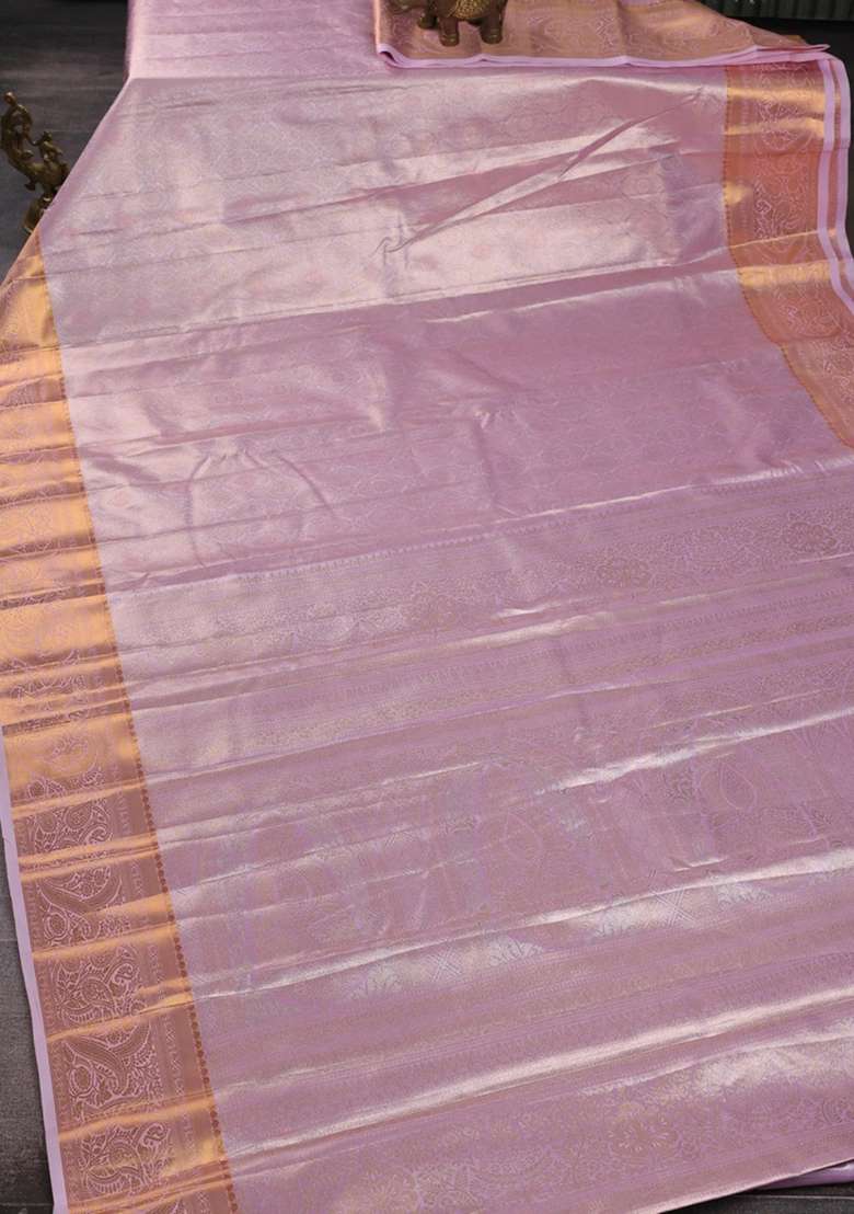 Bangalori Tissue Silk Saree Lotus Pink With Allover Zari Woven Brocade Weaves And Zari Woven Border With Buttas And Brocade Design For Women - Indya