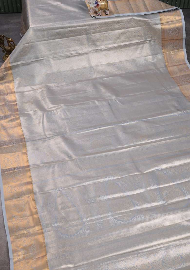 Bangalori Tissue Silk Saree Grey With Allover Zari Woven Brocade Weaves And Zari Woven Border With Buttas And Brocade Design For Women - Indya