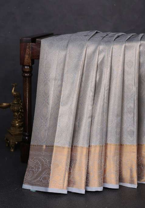 Bangalori Tissue Silk Saree Grey With Allover Zari Woven Brocade Weaves And Zari Woven Border With Buttas And Brocade Design For Women