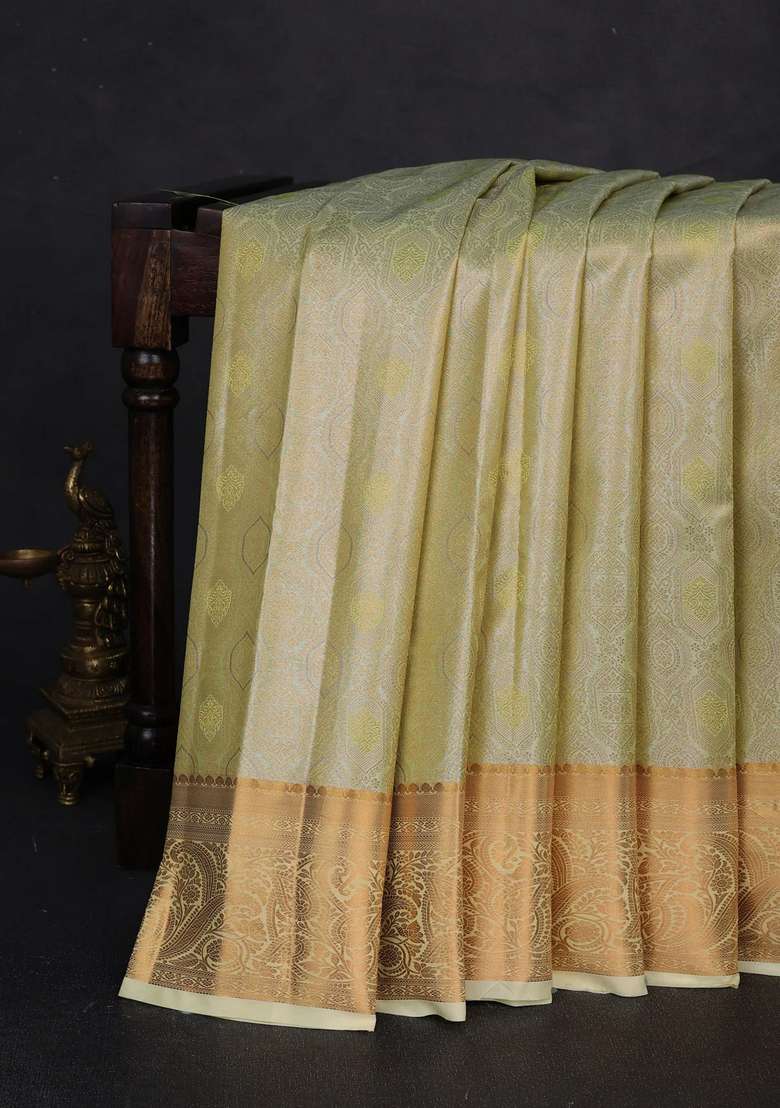 Bangalori Tissue Silk Saree Pista Green With Allover Zari Woven Brocade Weaves And Zari Woven Border With Buttas And Brocade Design For Women - Indya
