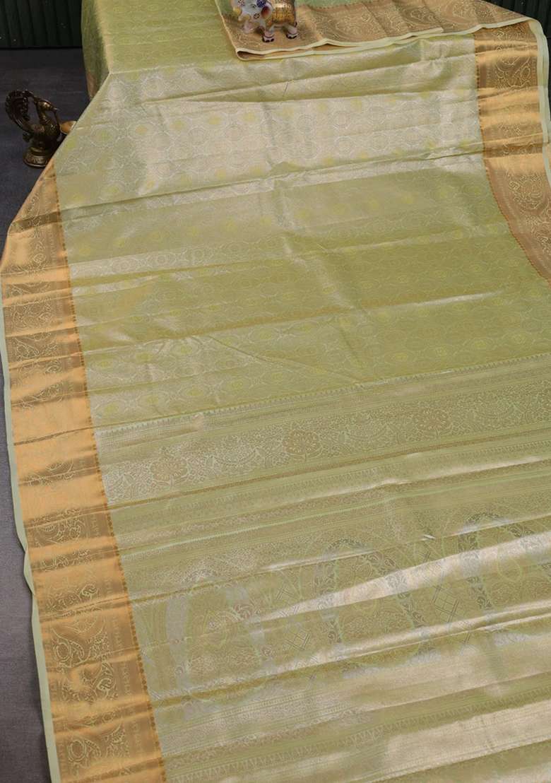 Bangalori Tissue Silk Saree Pista Green With Allover Zari Woven Brocade Weaves And Zari Woven Border With Buttas And Brocade Design For Women - Indya