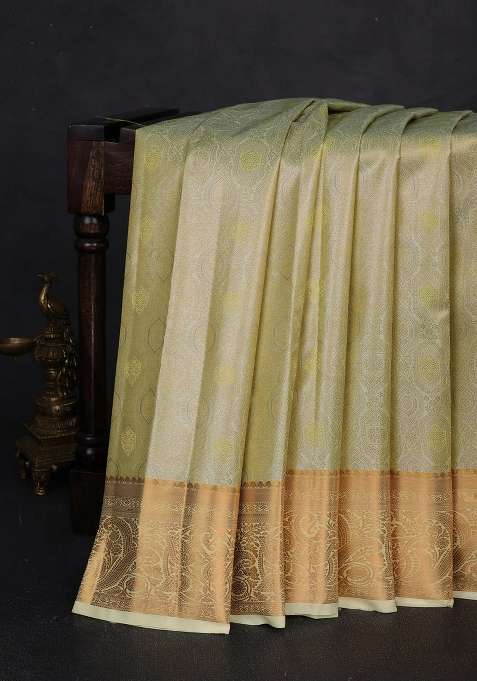 Bangalori Tissue Silk Saree Pista Green With Allover Zari Woven Brocade Weaves And Zari Woven Border With Buttas And Brocade Design For Women