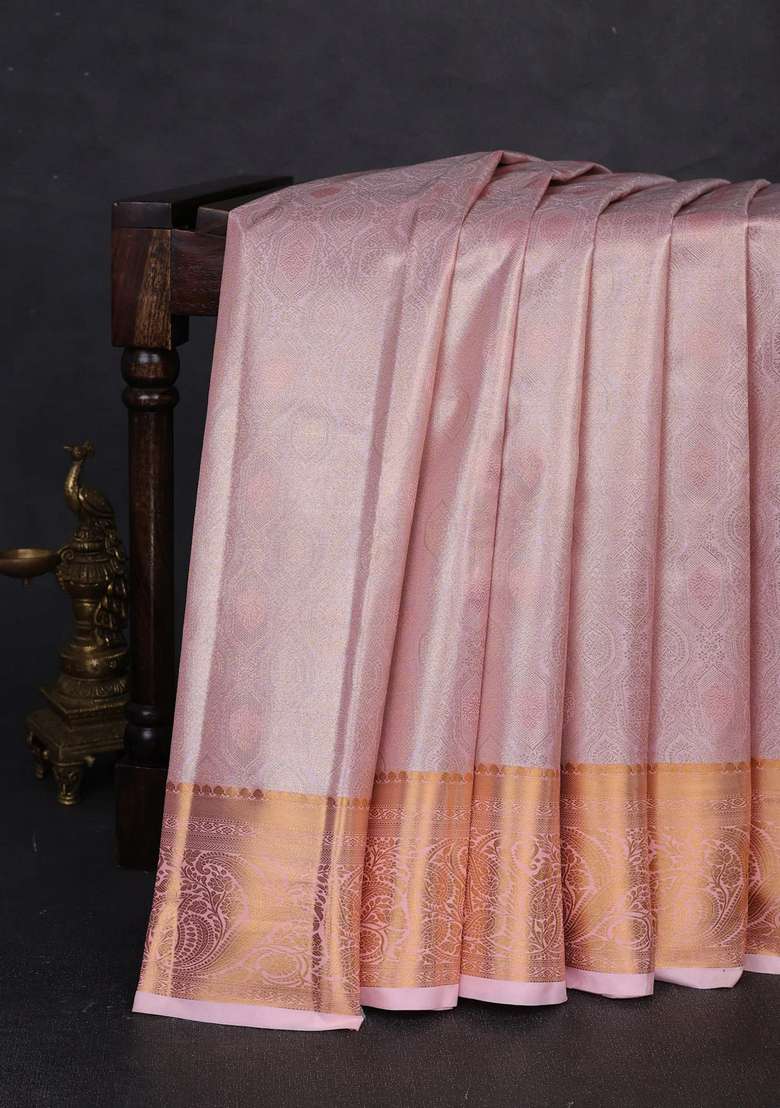 Bangalori Tissue Silk Saree Mild Peach Pink With Allover Zari Woven Brocade Weaves And Zari Woven Border With Buttas And Brocade Design For Women - Indya