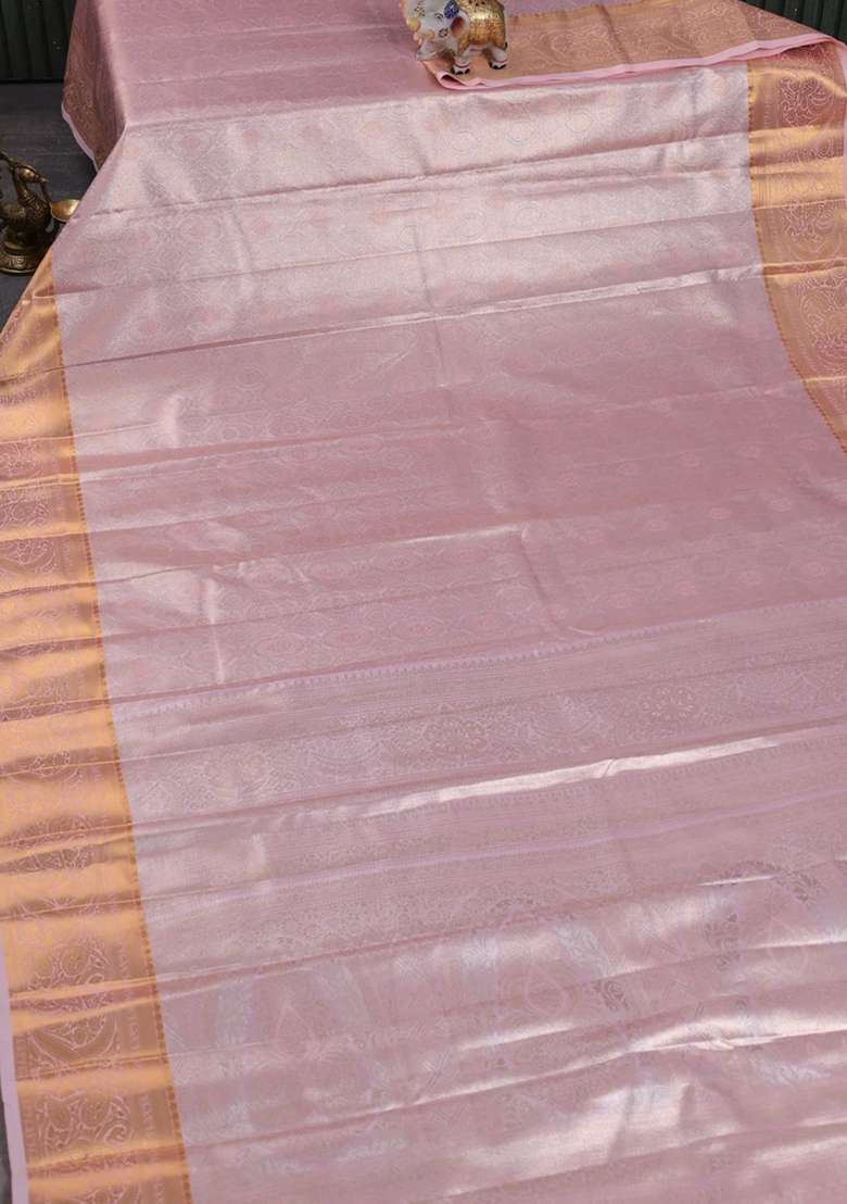 Bangalori Tissue Silk Saree Mild Peach Pink With Allover Zari Woven Brocade Weaves And Zari Woven Border With Buttas And Brocade Design For Women - Indya