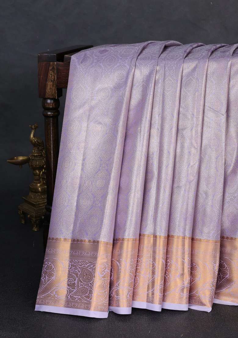 Bangalori Tissue Silk Saree Pastel Lavender With Allover Zari Woven Brocade Weaves And Zari Woven Border With Buttas And Brocade Design For Women - Indya