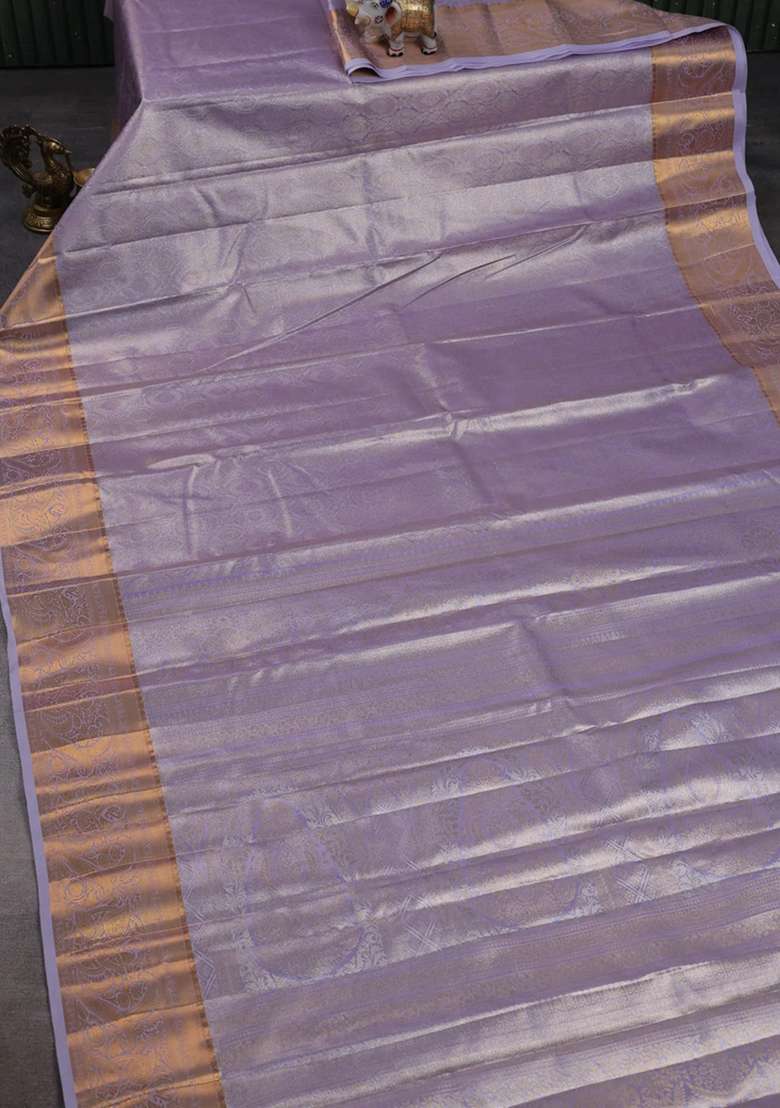 Bangalori Tissue Silk Saree Pastel Lavender With Allover Zari Woven Brocade Weaves And Zari Woven Border With Buttas And Brocade Design For Women - Indya