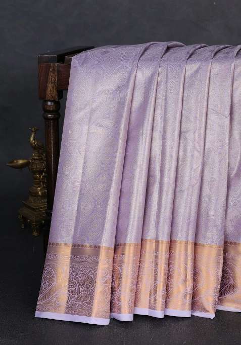 Bangalori Tissue Silk Saree Pastel Lavender With Allover Zari Woven Brocade Weaves And Zari Woven Border With Buttas And Brocade Design For Women