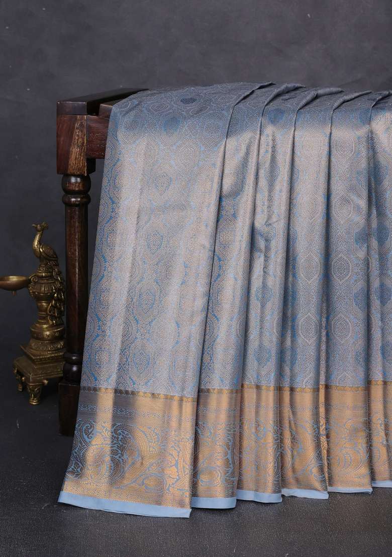 Bangalori Tissue Silk Saree Blue With Allover Zari Woven Brocade Weaves And Zari Woven Border With Buttas And Brocade Design For Women - Indya