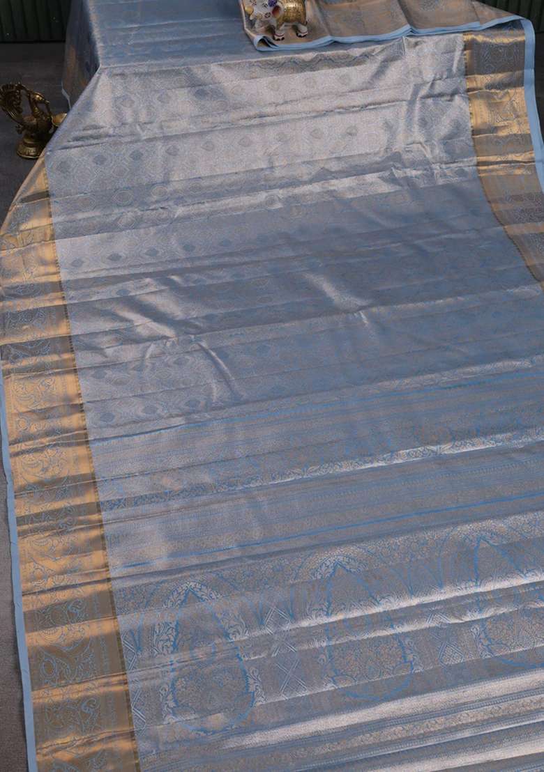 Bangalori Tissue Silk Saree Blue With Allover Zari Woven Brocade Weaves And Zari Woven Border With Buttas And Brocade Design For Women - Indya
