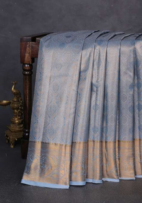 Bangalori Tissue Silk Saree Blue With Allover Zari Woven Brocade Weaves And Zari Woven Border With Buttas And Brocade Design For Women