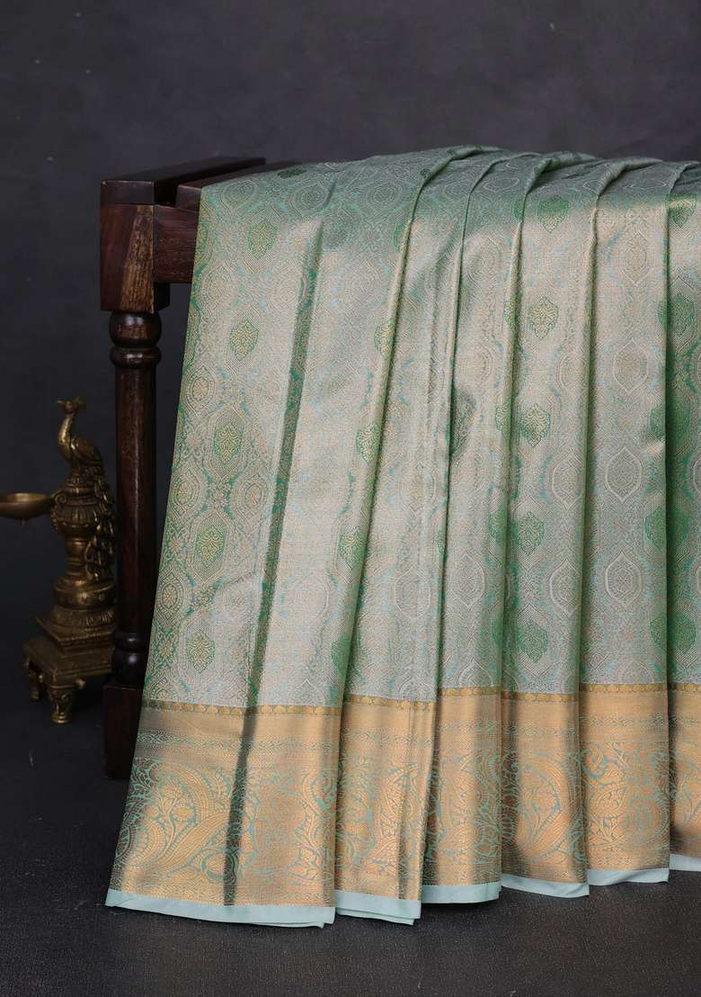 Bangalori Tissue Silk Saree Teal Green With Allover Zari Woven Brocade Weaves And Zari Woven Border With Buttas And Brocade Design For Women - Indya