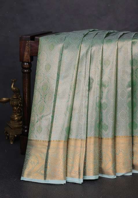 Bangalori Tissue Silk Saree Teal Green With Allover Zari Woven Brocade Weaves And Zari Woven Border With Buttas And Brocade Design For Women
