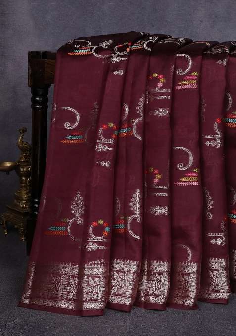 Poona Silk Saree Coffee Brown With Allover Zari Weaves And Zari Woven Border With Traditional Woven Design For Women