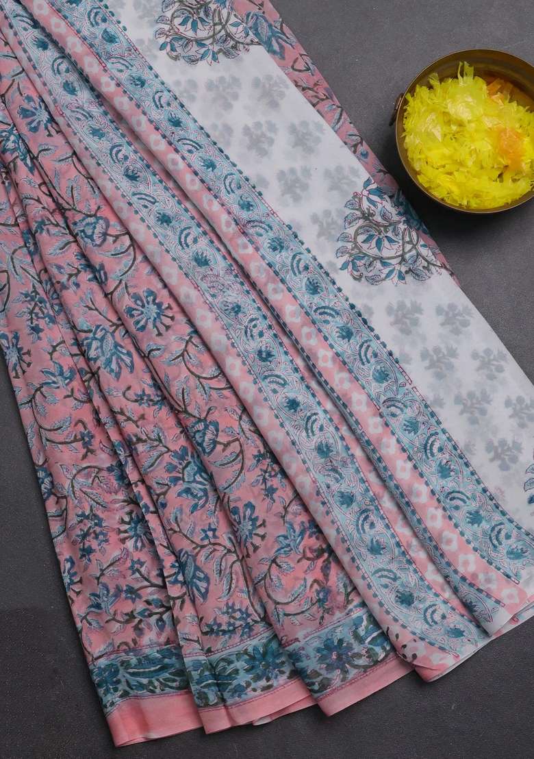Georgette Saree Peach And Teal Green With Allover Kalamkari Block Prints And Printed Border For Women - Indya