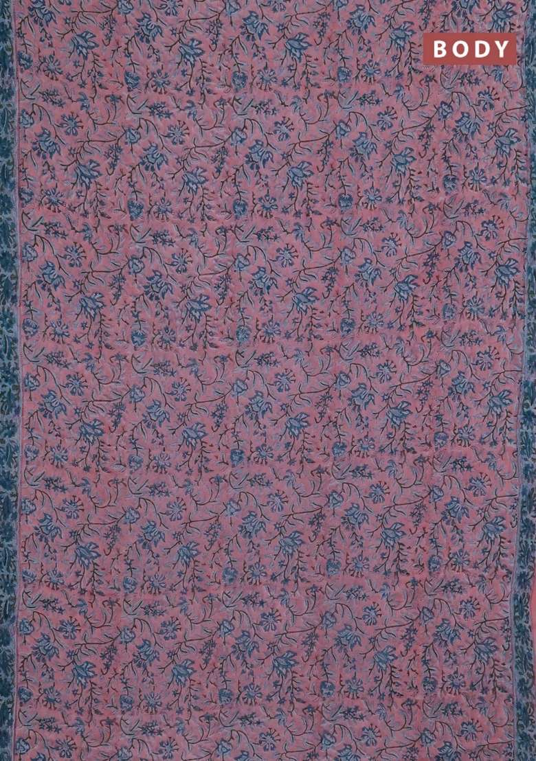 Georgette Saree Peach And Teal Green With Allover Kalamkari Block Prints And Printed Border For Women - Indya