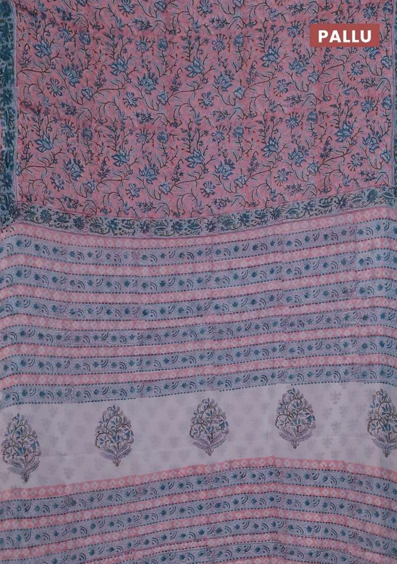 Georgette Saree Peach And Teal Green With Allover Kalamkari Block Prints And Printed Border For Women - Indya