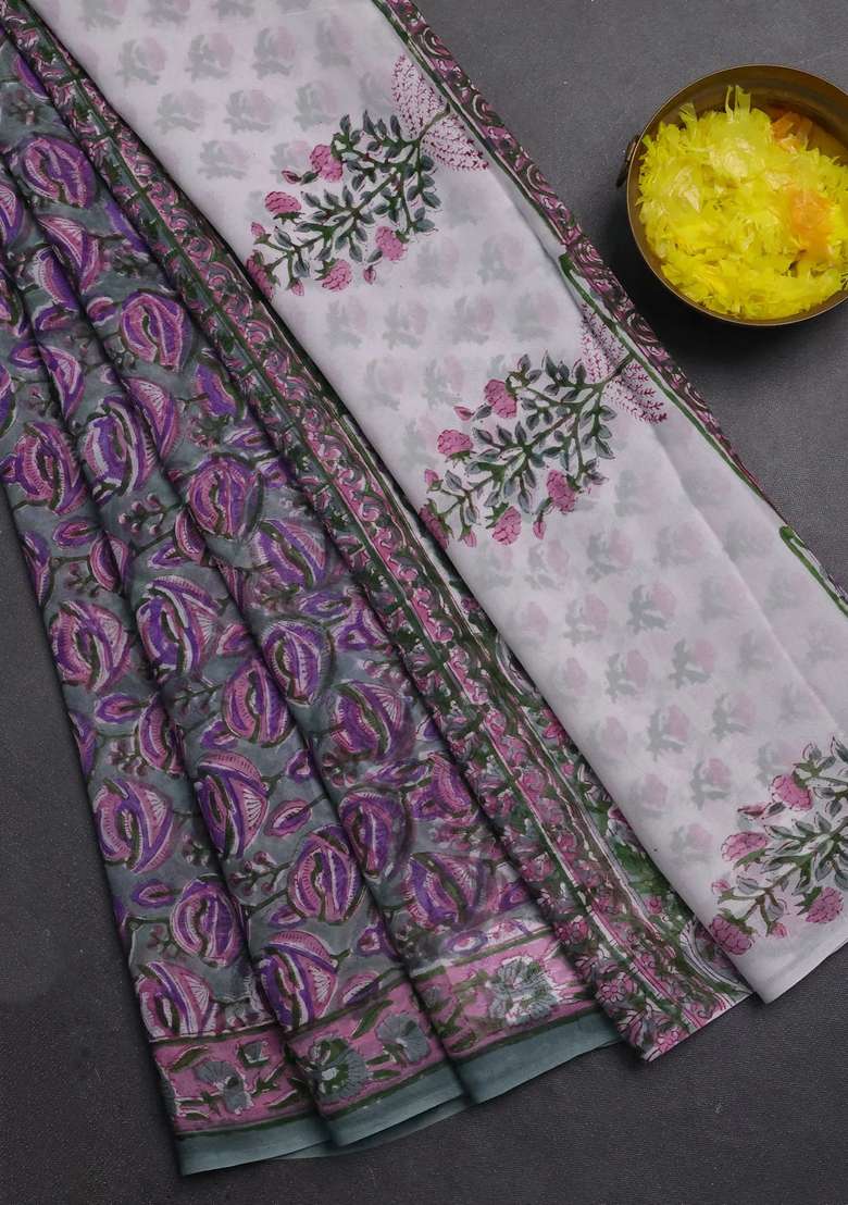 Georgette Saree Pastel Green And Mauve Pink With Allover Kalamkari Block Prints And Printed Border For Women - Indya