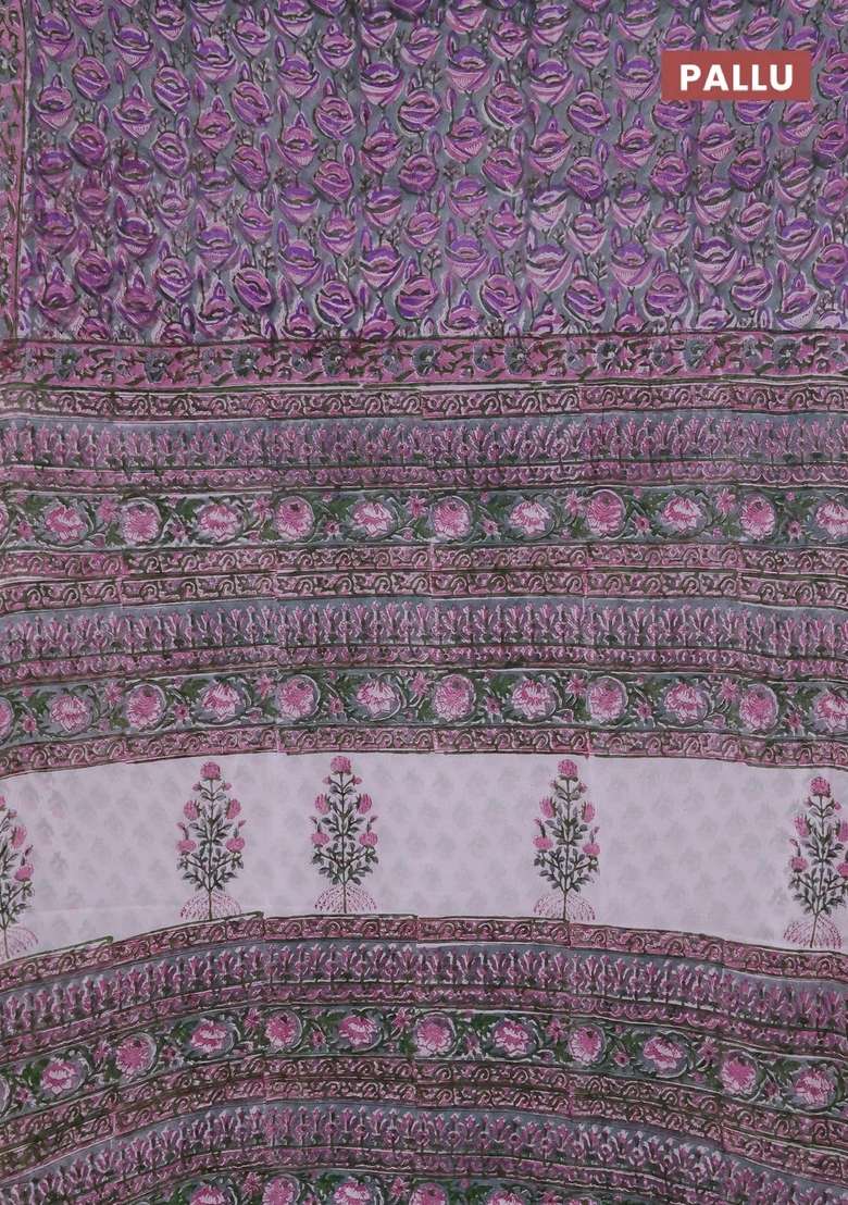 Georgette Saree Pastel Green And Mauve Pink With Allover Kalamkari Block Prints And Printed Border For Women - Indya
