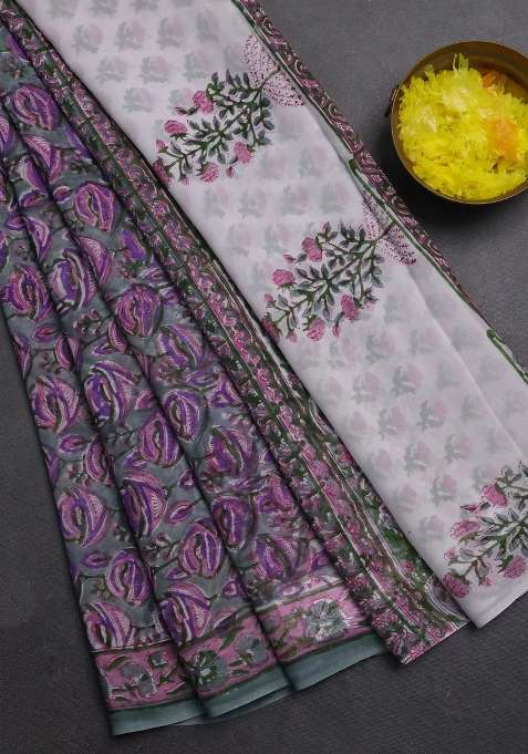 Georgette Saree Pastel Green And Mauve Pink With Allover Kalamkari Block Prints And Printed Border For Women