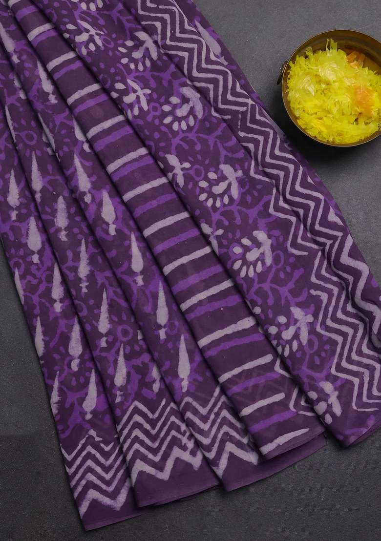 Georgette Saree Purple Shade With Allover Dabu Prints And Printed Border For Women - Indya