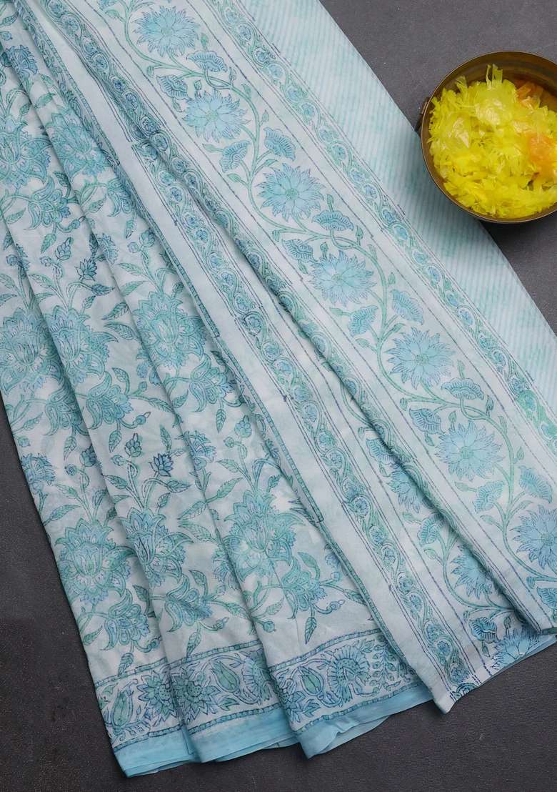 Georgette Saree Off White And Light Blue With Allover Kalamkari Block Prints And Simple Border With Printed Design For Women - Indya