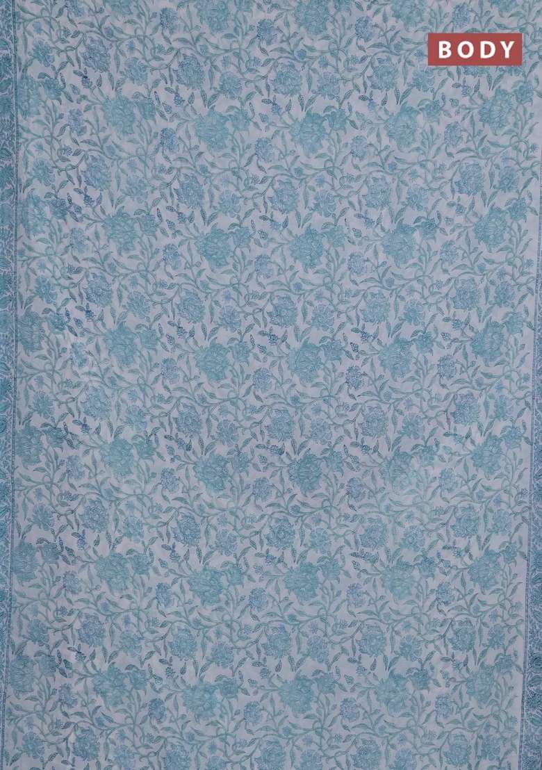 Georgette Saree Off White And Light Blue With Allover Kalamkari Block Prints And Simple Border With Printed Design For Women - Indya