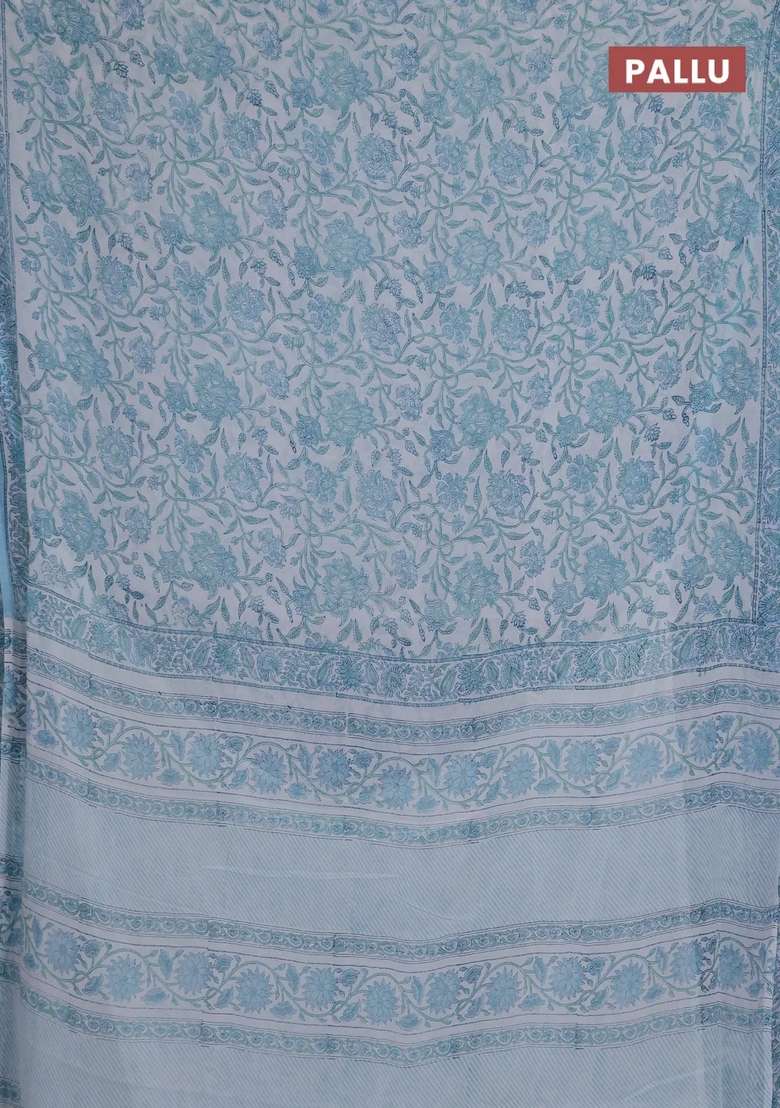 Georgette Saree Off White And Light Blue With Allover Kalamkari Block Prints And Simple Border With Printed Design For Women - Indya