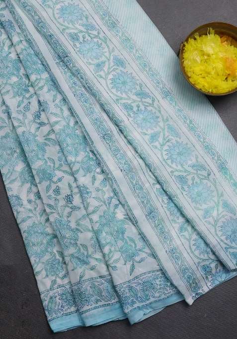 Georgette Saree Off White And Light Blue With Allover Kalamkari Block Prints And Simple Border With Printed Design For Women