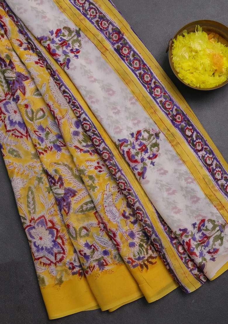Georgette Saree Yellow With Allover Kalamkari Block Prints And Simple Border With Printed Design For Women - Indya