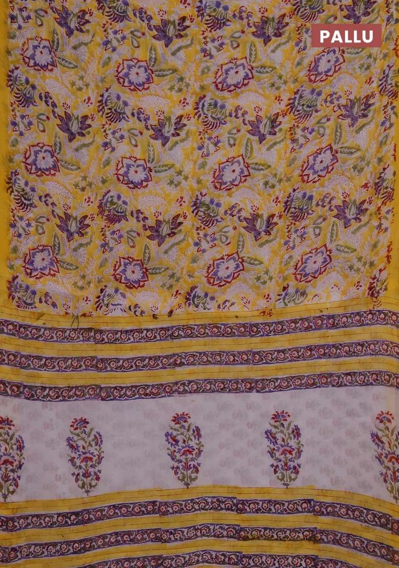 Georgette Saree Yellow With Allover Kalamkari Block Prints And Simple Border With Printed Design For Women - Indya
