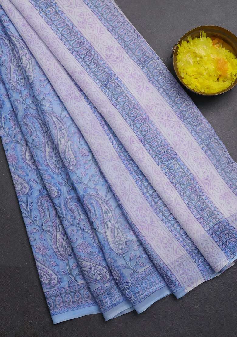 Georgette Saree Light Blue And Off White With Allover Block Prints And Printed Border For Women - Indya