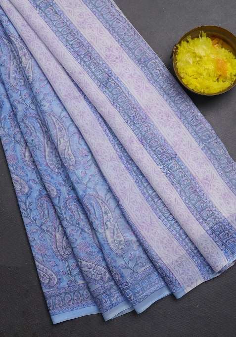 Georgette Saree Light Blue And Off White With Allover Block Prints And Printed Border For Women