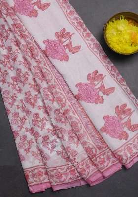 Georgette Saree Off White And Light Pink With Allover Floral Block Prints And Printed Border For Women