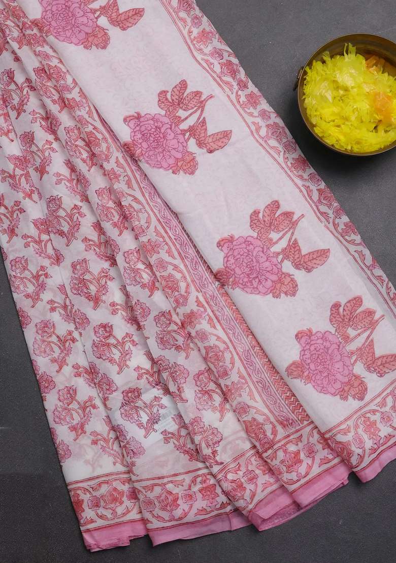 Georgette Saree Off White And Light Pink With Allover Floral Block Prints And Printed Border For Women - Indya
