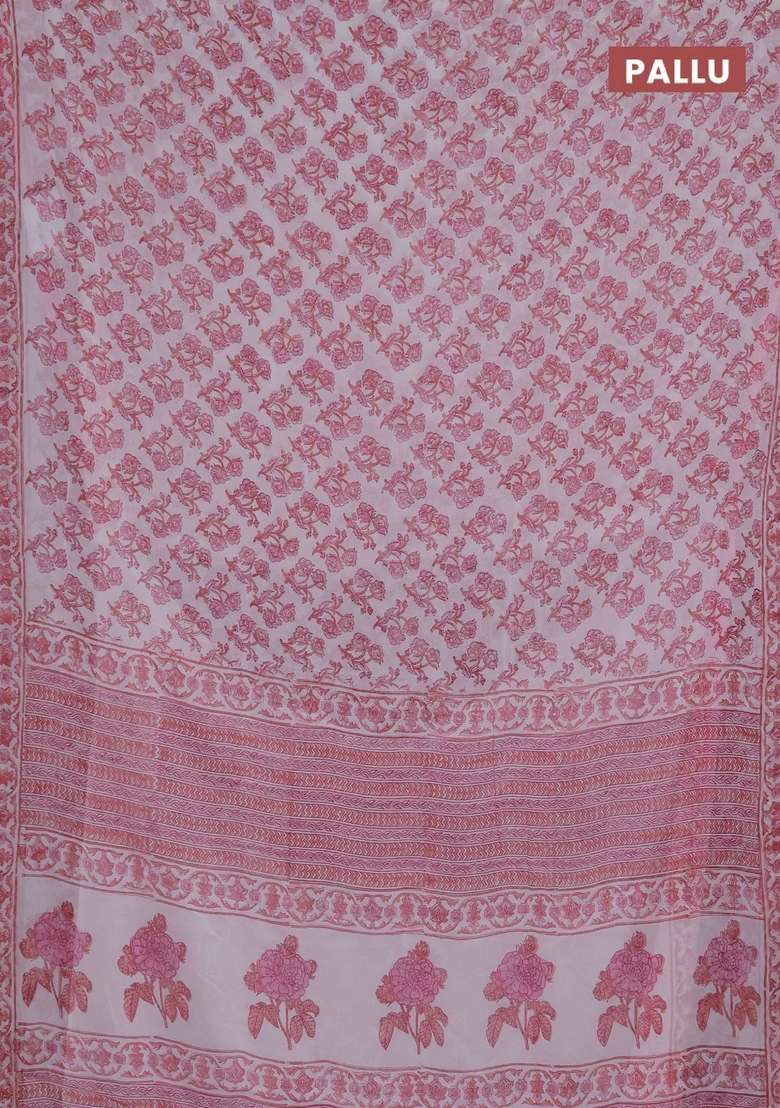 Georgette Saree Off White And Light Pink With Allover Floral Block Prints And Printed Border For Women - Indya