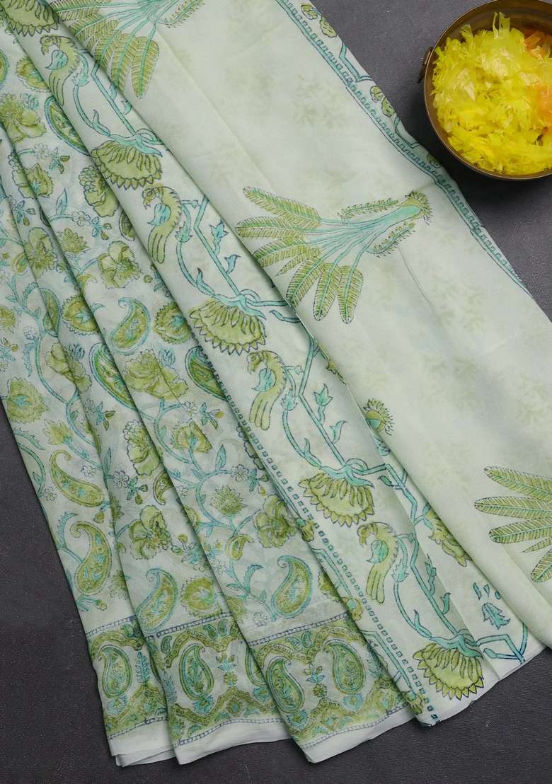 Georgette Saree Cream And Lime Green With Allover Block Prints And Printed Border For Women - Indya