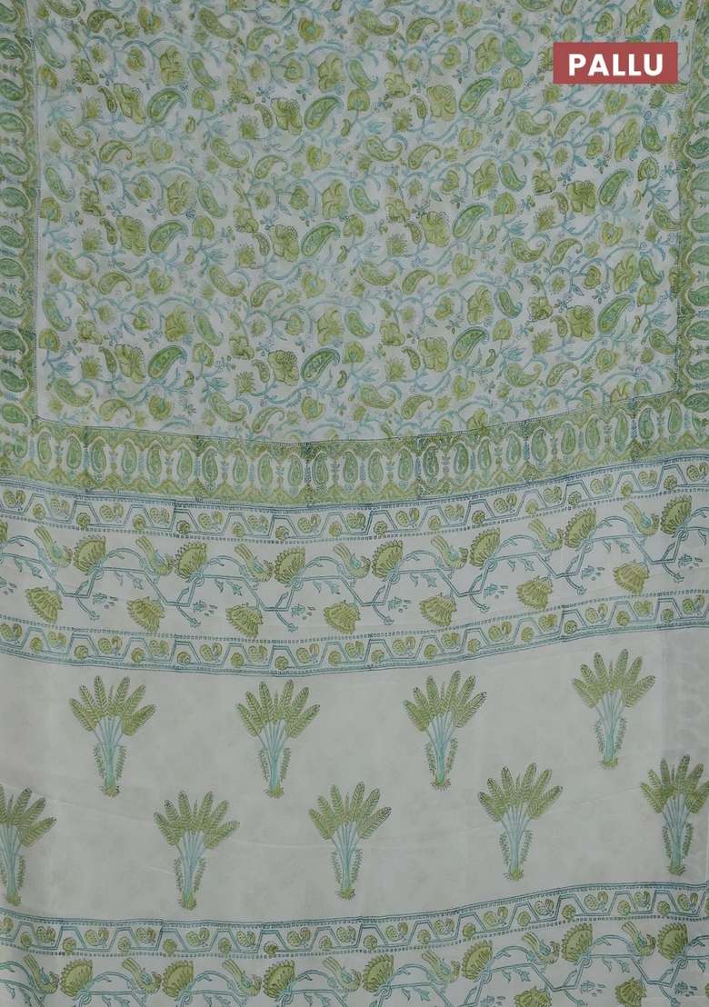 Georgette Saree Cream And Lime Green With Allover Block Prints And Printed Border For Women - Indya