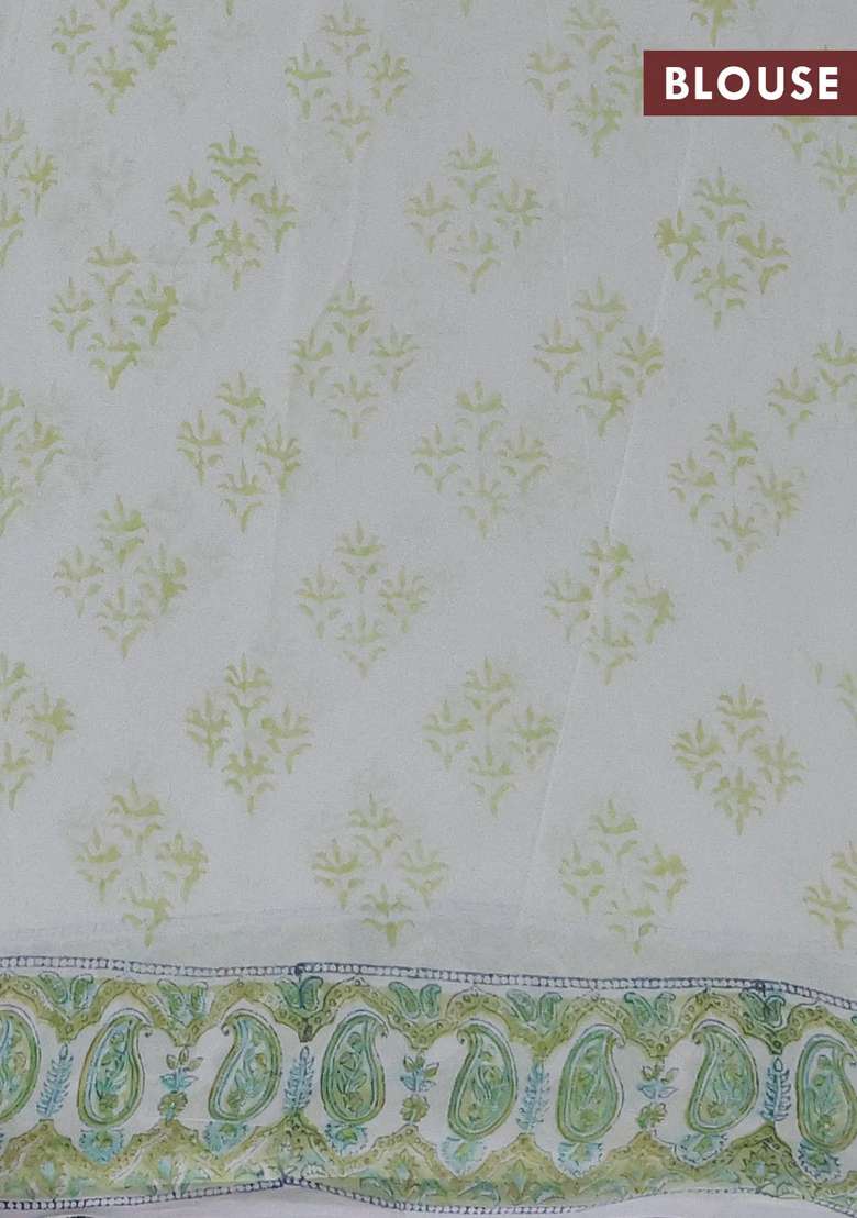 Georgette Saree Cream And Lime Green With Allover Block Prints And Printed Border For Women - Indya