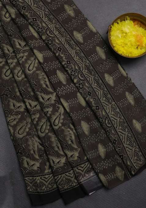 Georgette Saree Grey And Black With Allover Block Prints And Printed Border For Women