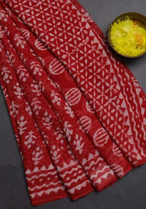 Georgette Saree Rustic Orange With Allover Dabu Prints And Printed Border For Women