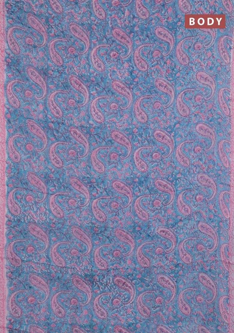 Georgette Saree Teal Blue And Light Pink With Allover Block Prints And Printed Border For Women - Indya