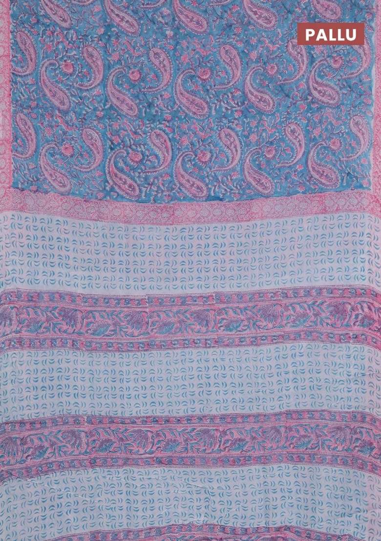 Georgette Saree Teal Blue And Light Pink With Allover Block Prints And Printed Border For Women - Indya