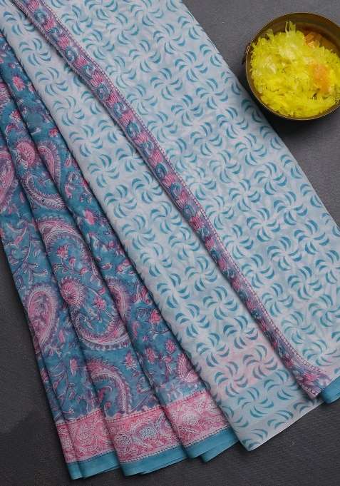 Georgette Saree Teal Blue And Light Pink With Allover Block Prints And Printed Border For Women