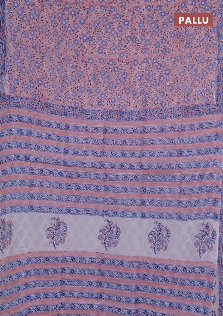 Georgette Saree Pastel Peach And Blue With Allover Block Prints And Printed Border For Women - Indya